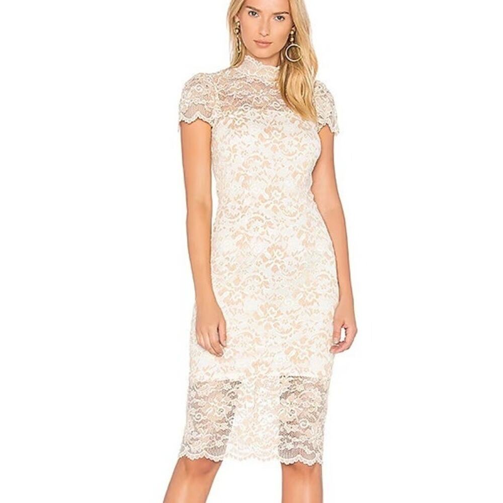 Ganni Flynn Lace Mini Dress Tan Scalloped Hem‎ Mock Neck Short Sleeve Sz 6 US